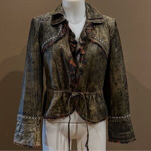 Double D leather jacket with pull tie belt. Fabulous stitching & flannel lining.